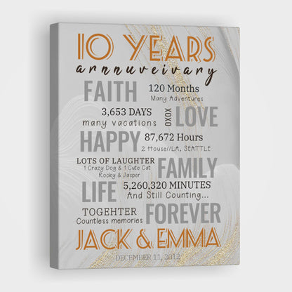 10 Year Milestone Anniversary - Personalized Canvas Print Anniversary Gifts