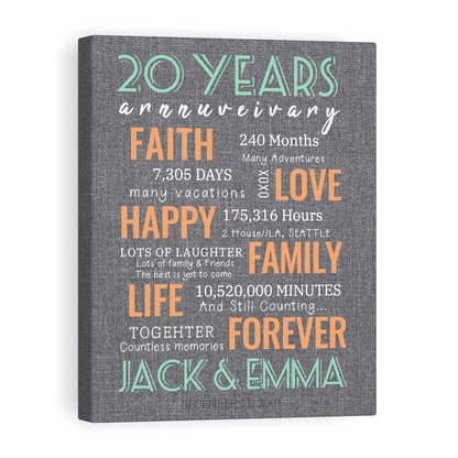 20 Year Milestone Anniversary - Personalized Canvas Print Anniversary Gifts