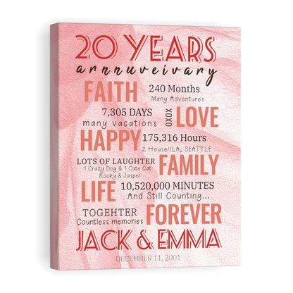 20 Year Milestone Anniversary - Personalized Canvas Print Anniversary Gifts