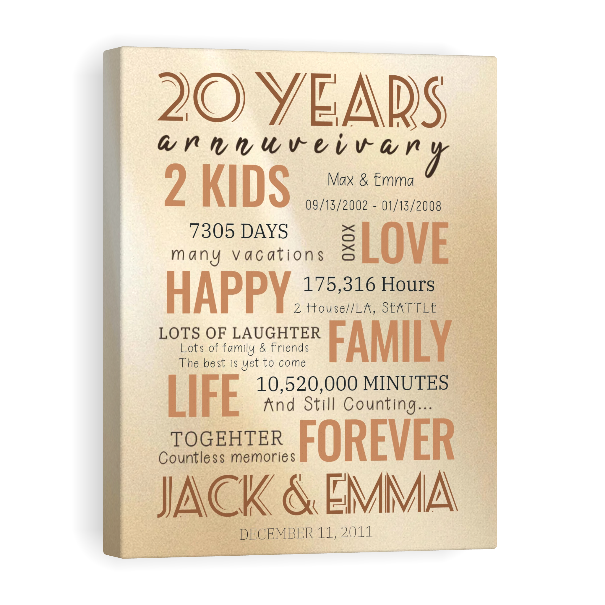 20 Year Milestone Anniversary - Personalized Canvas Print Anniversary Gifts